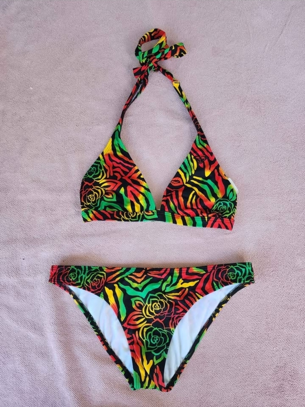 Roxy Neon Floral Zebra Print Bikini Top in Black, Green, Yellow, Pink